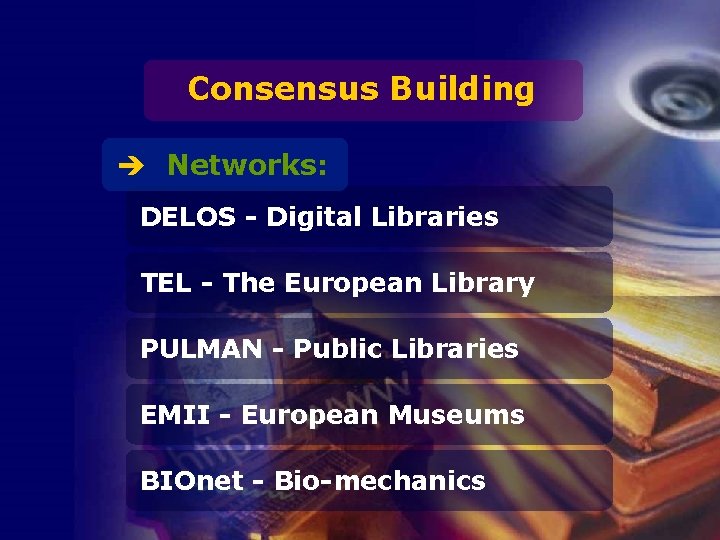 Consensus Building è Networks: DELOS - Digital Libraries TEL - The European Library PULMAN