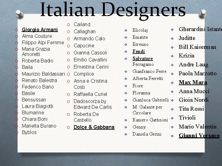 Italian Designers O O O O Giorgio Armani Alma Couture Filippo Alpi Femme Maria