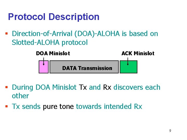 Protocol Description § Direction-of-Arrival (DOA)-ALOHA is based on Slotted-ALOHA protocol DOA Minislot ACK Minislot