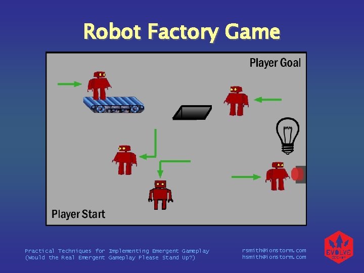 Robot Factory Game Practical Techniques for Implementing Emergent Gameplay (Would the Real Emergent Gameplay