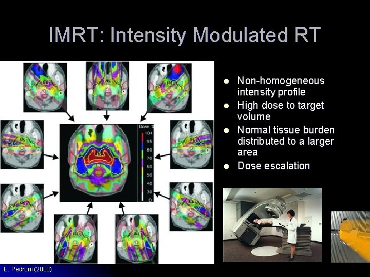 IMRT: Intensity Modulated RT l l E. Pedroni (2000) Non-homogeneous intensity profile High dose