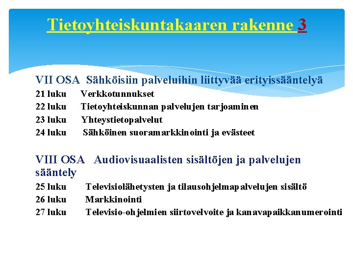 Tietoyhteiskuntakaaren rakenne 3 VII OSA Sähköisiin palveluihin liittyvää erityissääntelyä 21 luku 22 luku 23 Tietoyhteiskuntakaaren rakenne 3 VII OSA Sähköisiin palveluihin liittyvää erityissääntelyä 21 luku 22 luku 23
