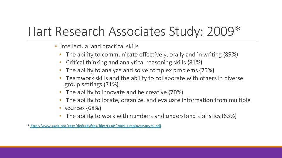 Hart Research Associates Study: 2009* • Intellectual and practical skills • The ability to