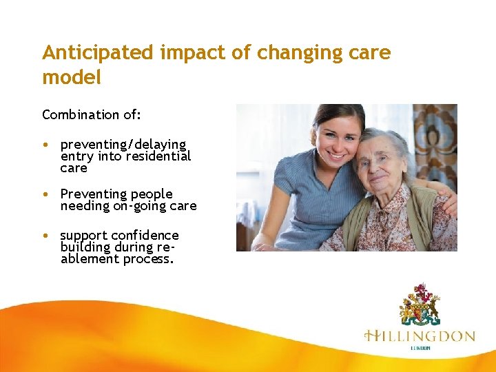 Anticipated impact of changing care model Combination of: • preventing/delaying entry into residential care