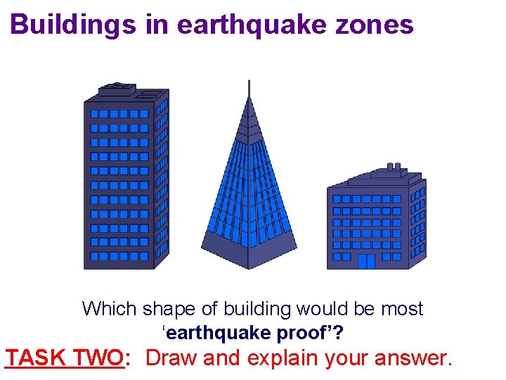 Buildings in earthquake zones Which shape of building would be most ‘earthquake proof’? TASK