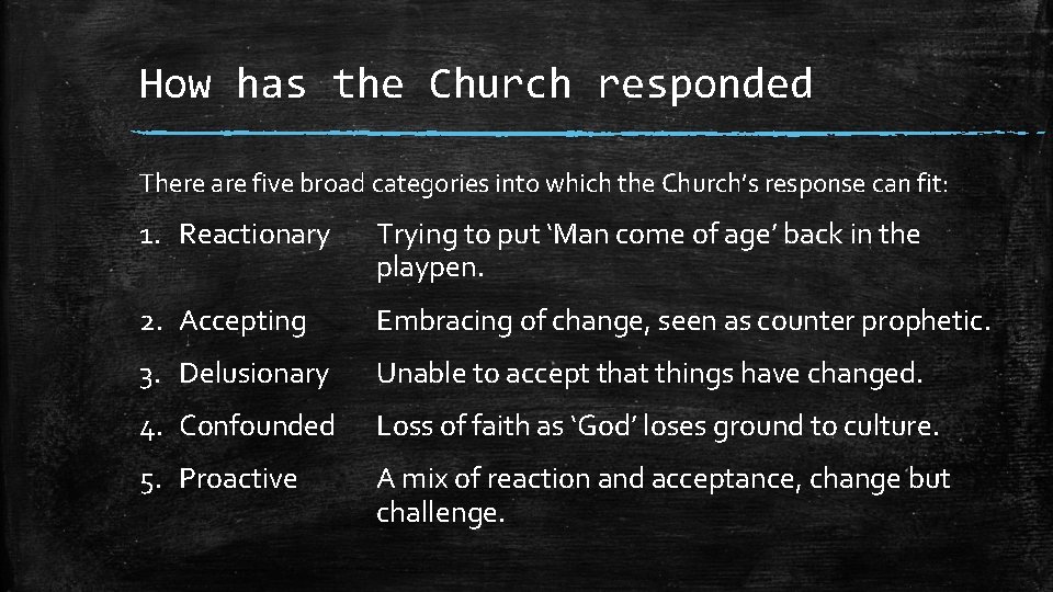 How has the Church responded There are five broad categories into which the Church’s