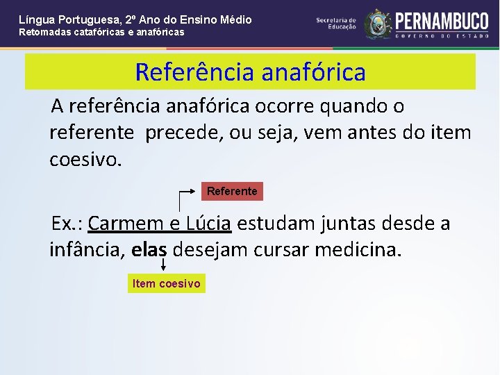 Língua Portuguesa, 2º Ano do Ensino Médio Retomadas catafóricas e anafóricas Referência anafórica A