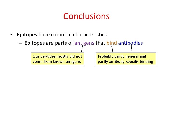 Conclusions • Epitopes have common characteristics – Epitopes are parts of antigens that bind
