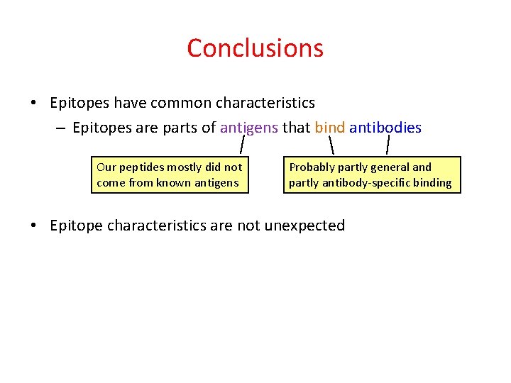 Conclusions • Epitopes have common characteristics – Epitopes are parts of antigens that bind