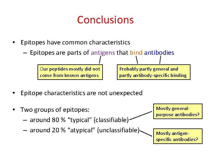 Conclusions • Epitopes have common characteristics – Epitopes are parts of antigens that bind