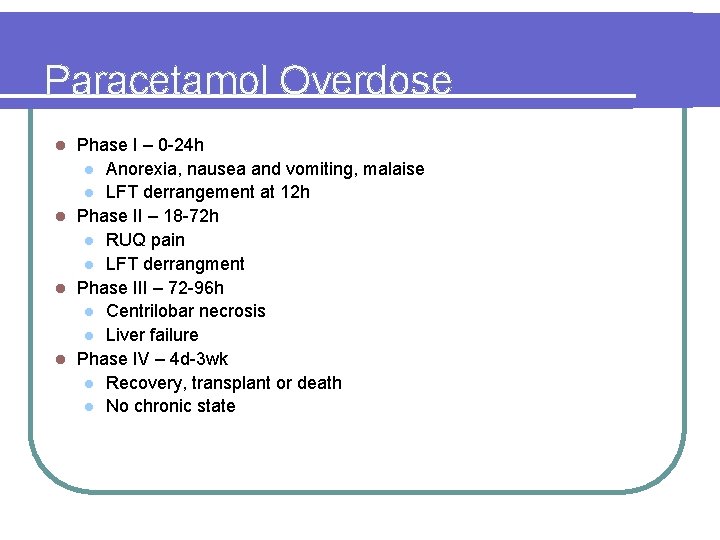 Paracetamol Overdose Phase I – 0 -24 h l Anorexia, nausea and vomiting, malaise Paracetamol Overdose Phase I – 0 -24 h l Anorexia, nausea and vomiting, malaise