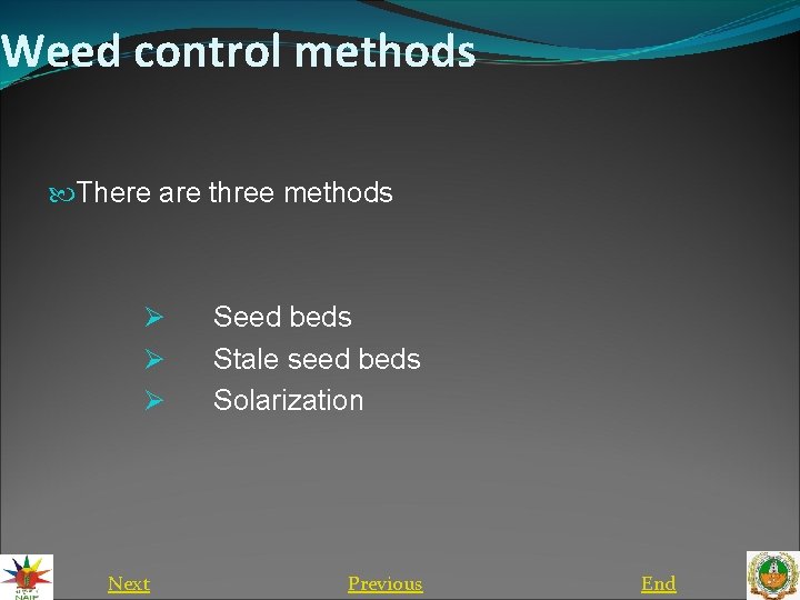 Weed control methods There are three methods Ø Ø Ø Next Seed beds Stale