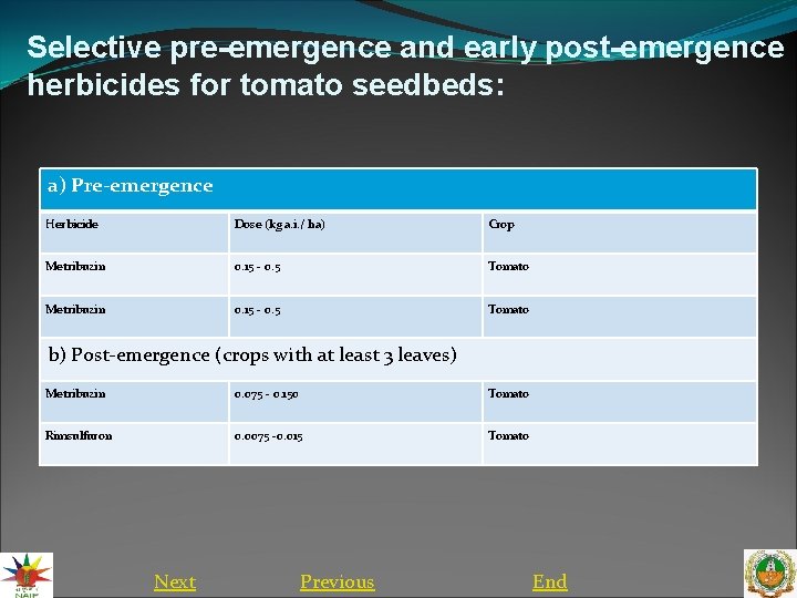 Selective pre-emergence and early post-emergence herbicides for tomato seedbeds: a) Pre-emergence Herbicide Dose (kg