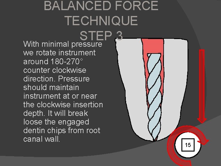 BALANCED FORCE TECHNIQUE STEP 3 With minimal pressure we rotate instrument around 180 -270°