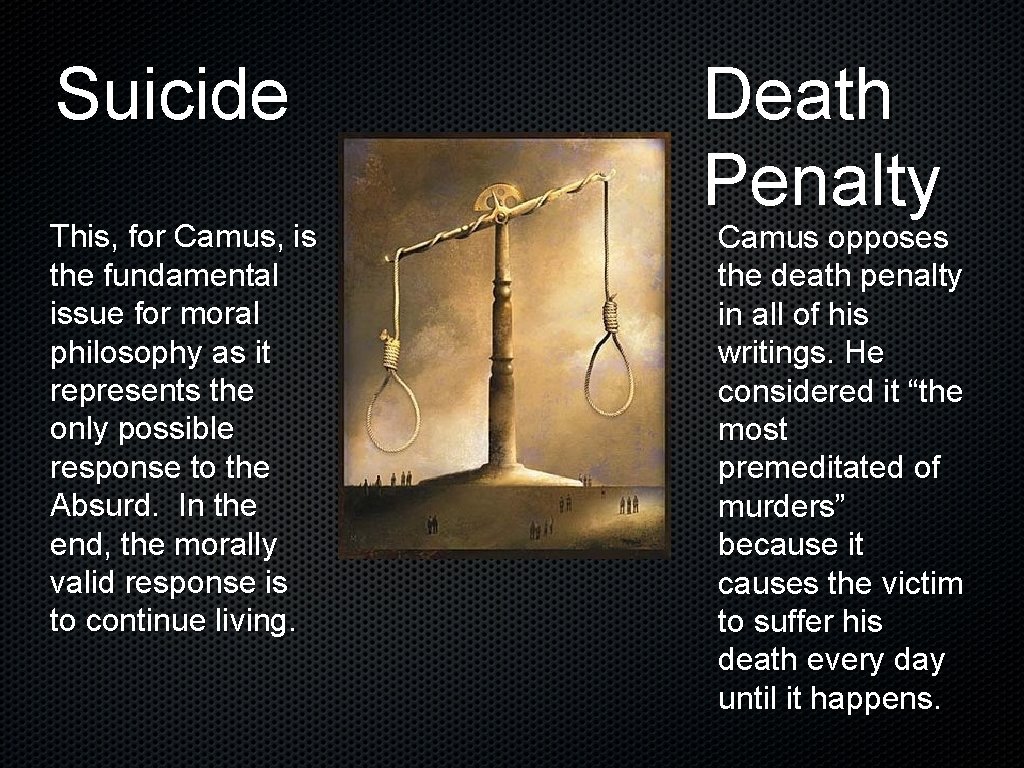 Suicide This, for Camus, is the fundamental issue for moral philosophy as it represents