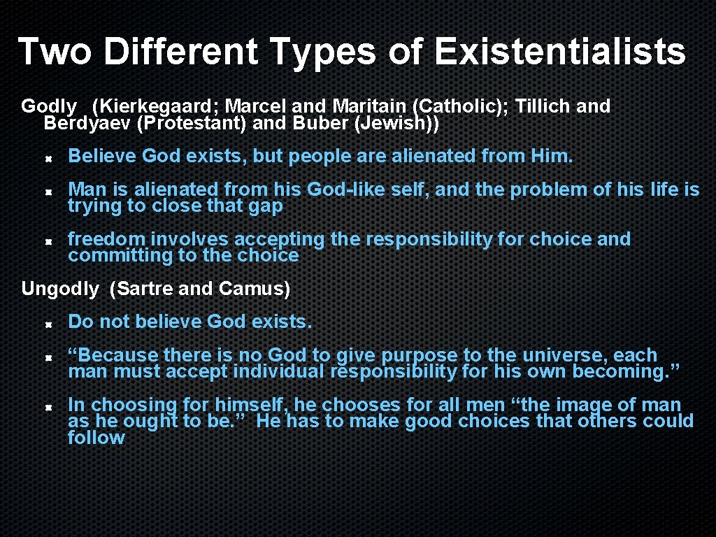 Two Different Types of Existentialists Godly (Kierkegaard; Marcel and Maritain (Catholic); Tillich and Berdyaev