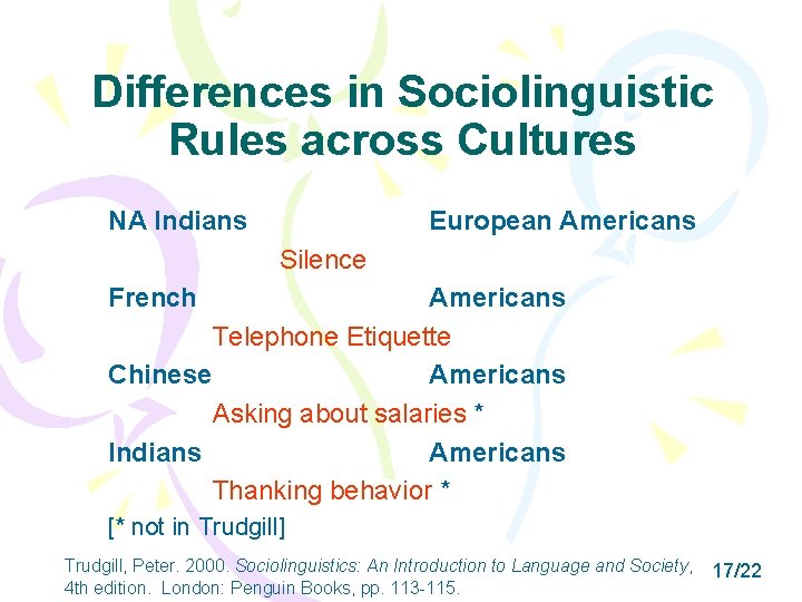 Differences in Sociolinguistic Rules across Cultures NA Indians European Americans Silence French Americans Telephone