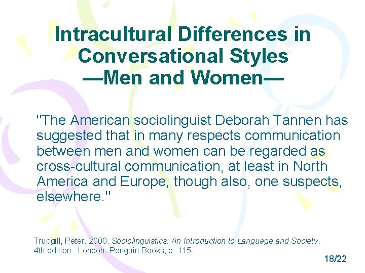 Intracultural Differences in Conversational Styles —Men and Women— "The American sociolinguist Deborah Tannen has