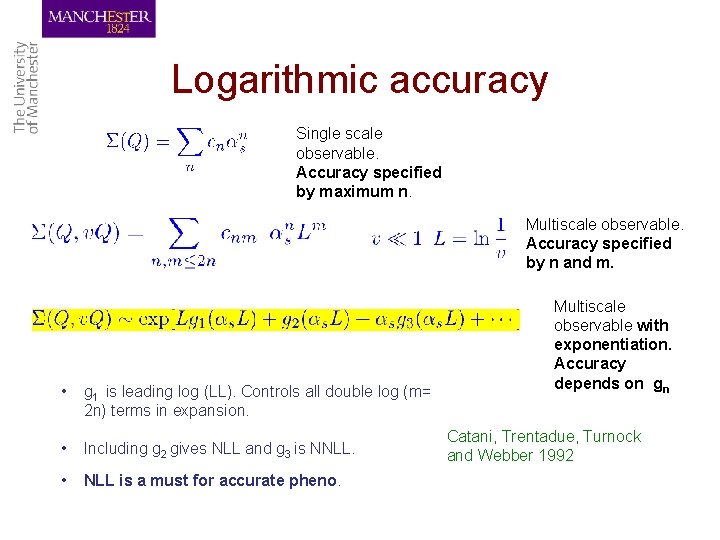 Logarithmic accuracy Single scale observable. Accuracy specified by maximum n. Multiscale observable. Accuracy specified