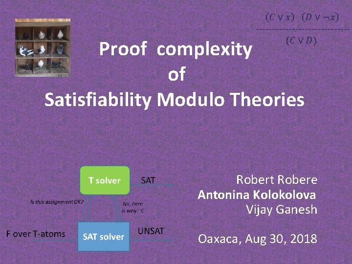  Proof complexity of Satisfiability Modulo Theories Robert Robere Antonina Kolokolova Vijay Ganesh Oaxaca,