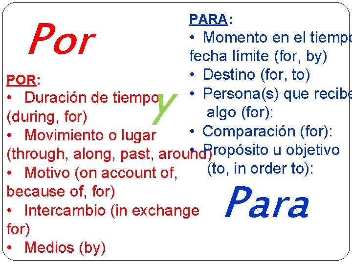 PARA: Por • Momento en el tiempo fecha límite (for, by) • Destino (for,