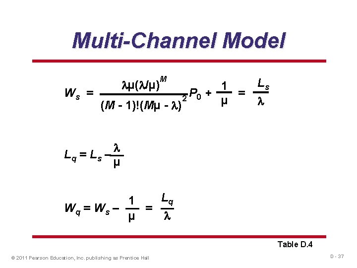 Multi-Channel Model µ( /µ) M 1 Ws = P + = 2 0 µ
