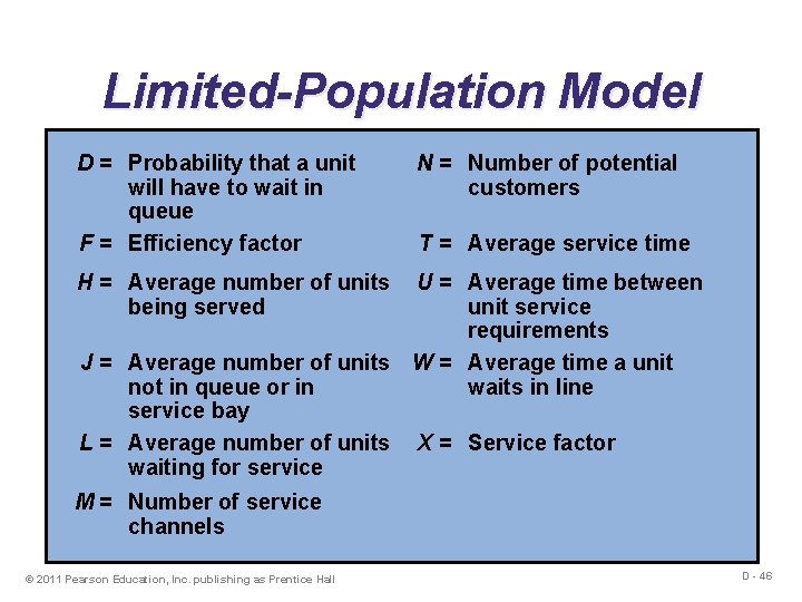 Limited-Population Model D = Probability that a unit will have to wait in queue