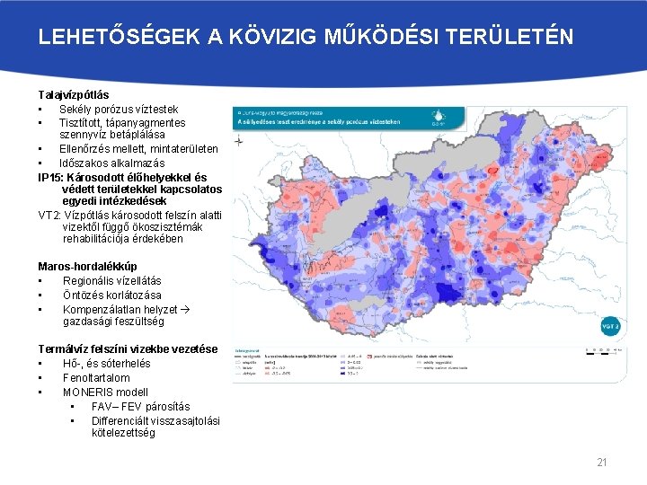 LEHETŐSÉGEK A KÖVIZIG MŰKÖDÉSI TERÜLETÉN Talajvízpótlás • Sekély porózus víztestek • Tisztított, tápanyagmentes szennyvíz