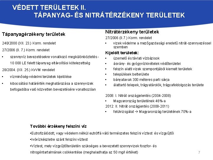 VÉDETT TERÜLETEK II. TÁPANYAG- ÉS NITRÁTÉRZÉKENY TERÜLETEK Tápanyagérzékeny területek 240/2000 (XII. 23. ) Korm.