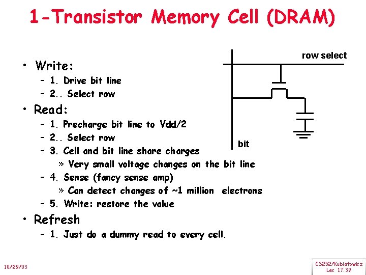 1 -Transistor Memory Cell (DRAM) • Write: row select – 1. Drive bit line