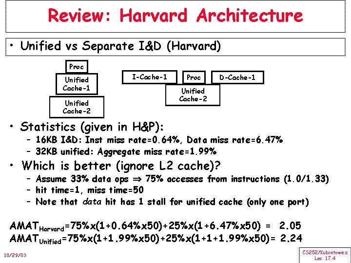 Review: Harvard Architecture • Unified vs Separate I&D (Harvard) Proc Unified Cache-1 I-Cache-1 Unified