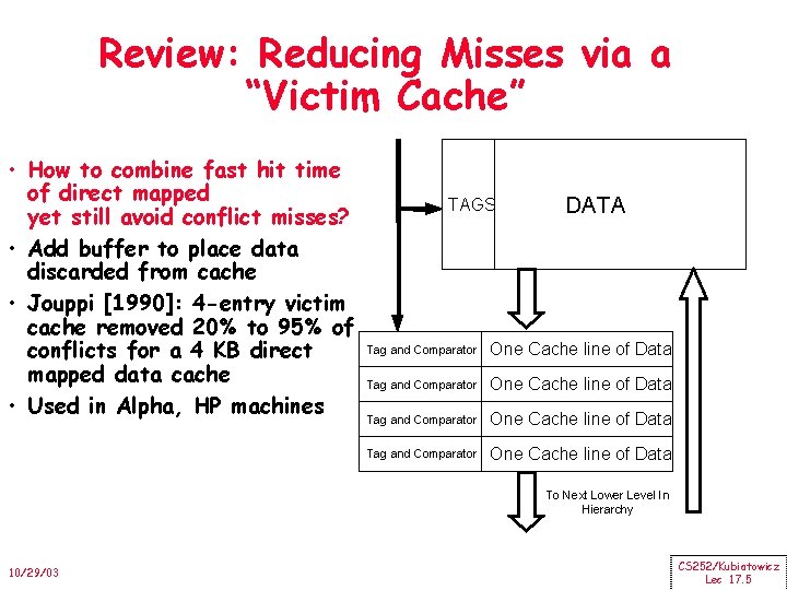 Review: Reducing Misses via a “Victim Cache” • How to combine fast hit time