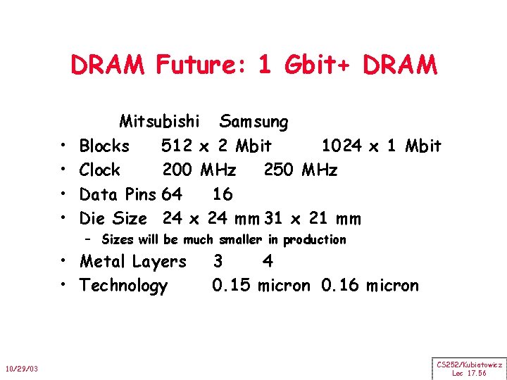 DRAM Future: 1 Gbit+ DRAM • • Mitsubishi Samsung Blocks 512 x 2 Mbit