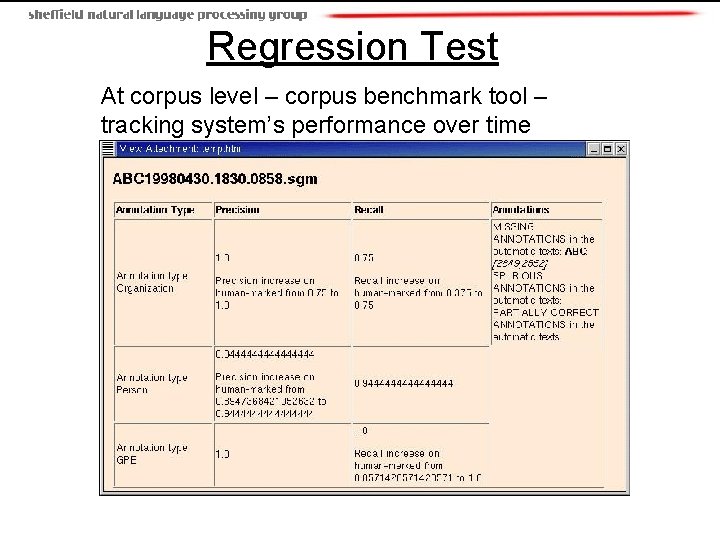 Regression Test At corpus level – corpus benchmark tool – tracking system’s performance over