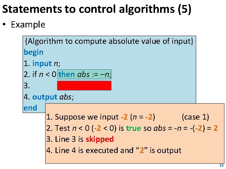 Statements to control algorithms (5) • Example {Algorithm to compute absolute value of input}