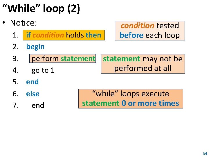 “While” loop (2) • Notice: 1. 2. 3. 4. 5. 6. 7. condition tested