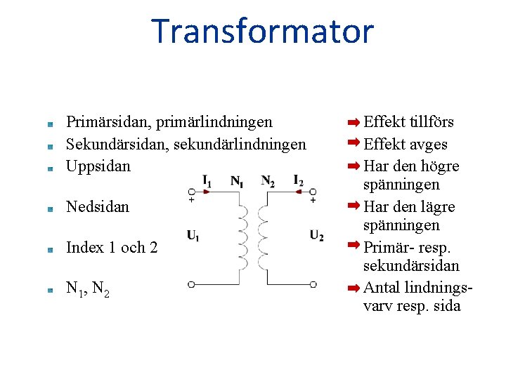 Transformator Primärsidan, primärlindningen Sekundärsidan, sekundärlindningen Uppsidan Nedsidan Index 1 och 2 N 1, N
