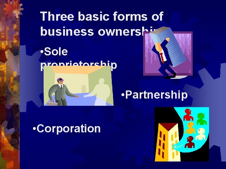 Three basic forms of business ownership • Sole proprietorship • Partnership • Corporation 