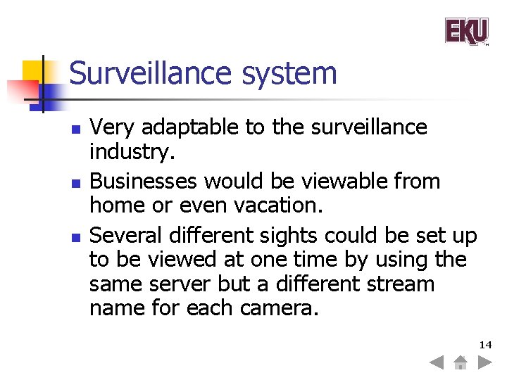 Surveillance system n n n Very adaptable to the surveillance industry. Businesses would be