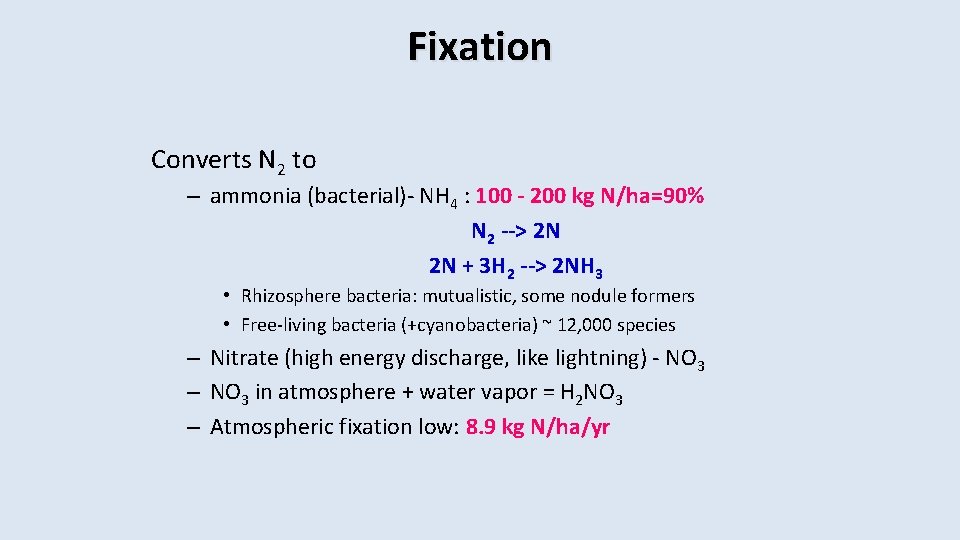 Fixation Converts N 2 to – ammonia (bacterial)- NH 4 : 100 - 200