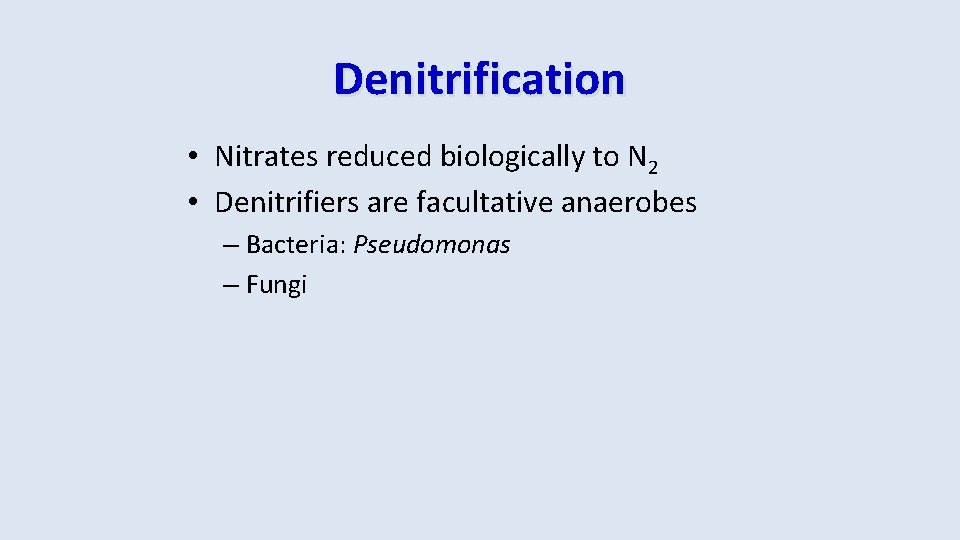 Denitrification • Nitrates reduced biologically to N 2 • Denitrifiers are facultative anaerobes –