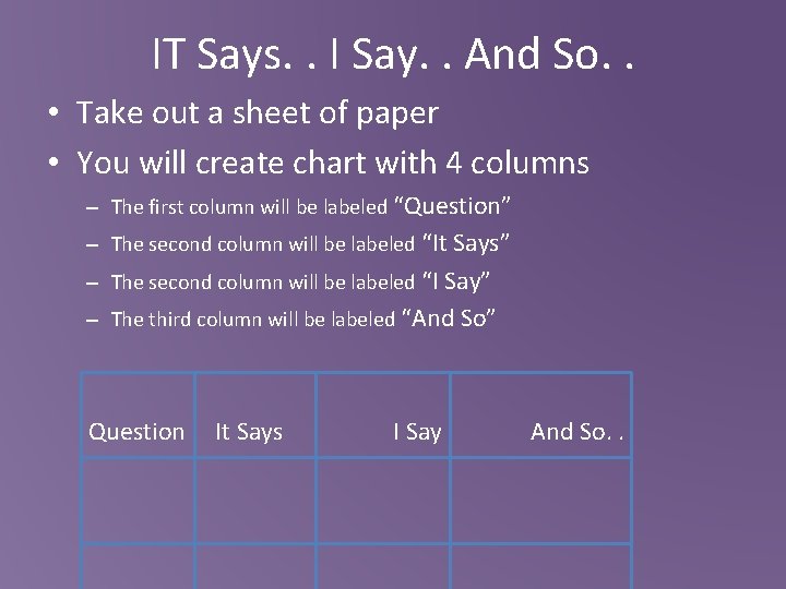 IT Says. . I Say. . And So. . • Take out a sheet