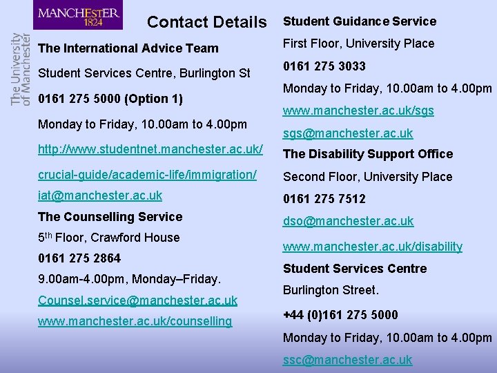 Contact Details The International Advice Team Student Services Centre, Burlington St 0161 275 5000