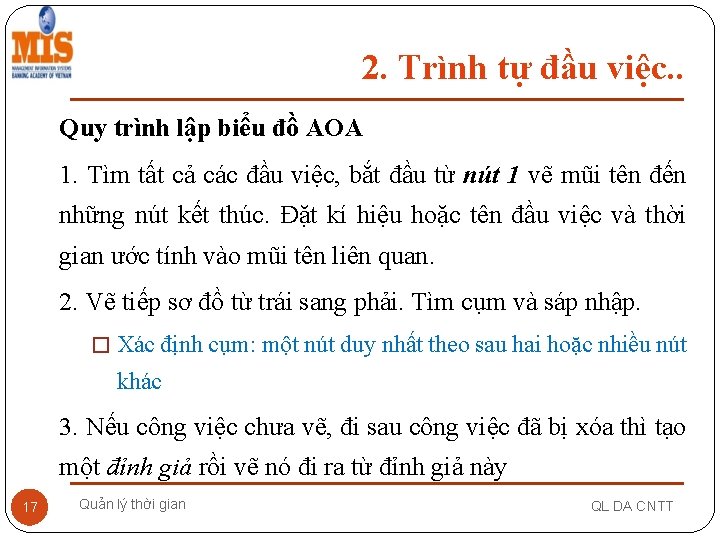 2. Trình tự đầu việc. . Quy trình lập biểu đồ AOA 1. Tìm