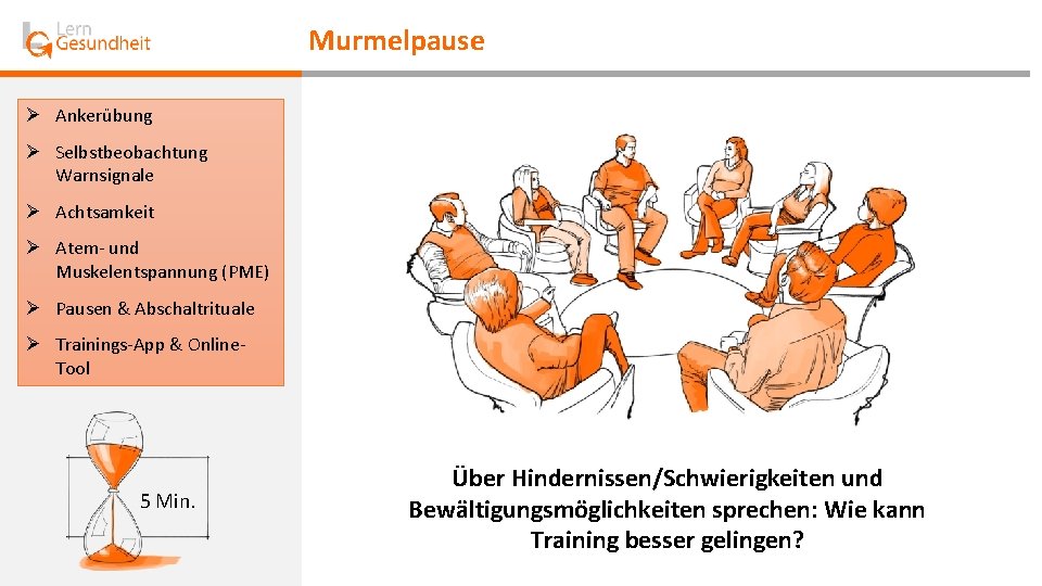 Murmelpause Ø Ankerübung Ø Selbstbeobachtung Warnsignale Ø Achtsamkeit Ø Atem- und Muskelentspannung (PME) Ø