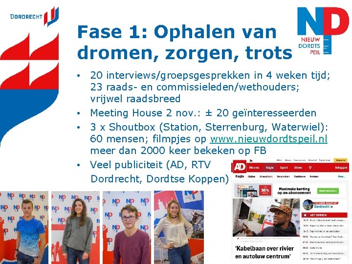 Fase 1: Ophalen van dromen, zorgen, trots • 20 interviews/groepsgesprekken in 4 weken tijd;