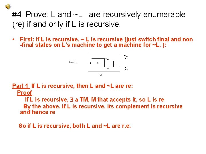 #4. Prove: L and ~L are recursively enumerable (re) if and only if L