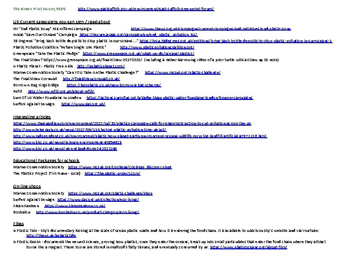 The Green Print Forum, SCDC http: //www. eastsuffolk. gov. uk/environment/east-suffolk-greenprint-forum/ UK Current campaigns you