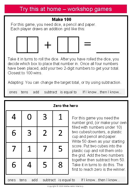 Try this at home – workshop games Make 100 For this game, you need Try this at home – workshop games Make 100 For this game, you need