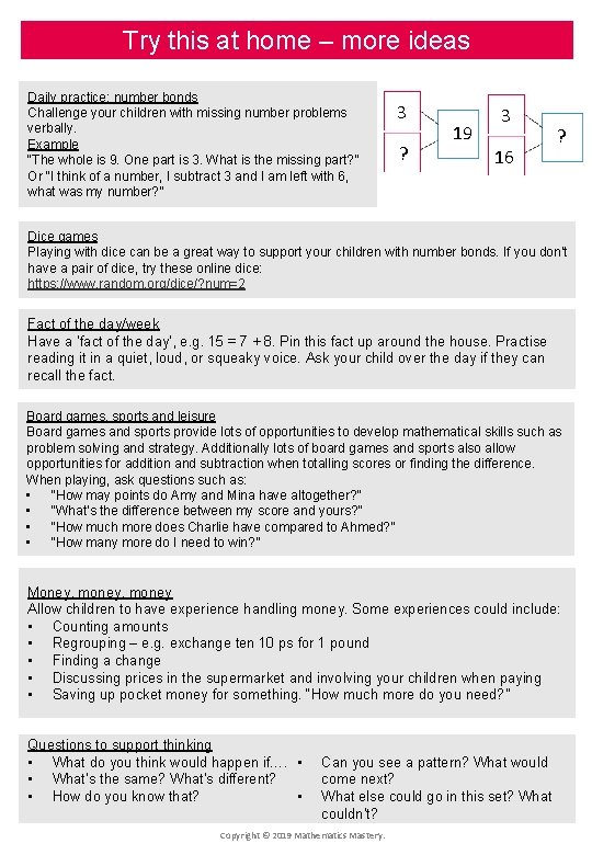 Try this at home – more ideas Daily practice: number bonds Challenge your children